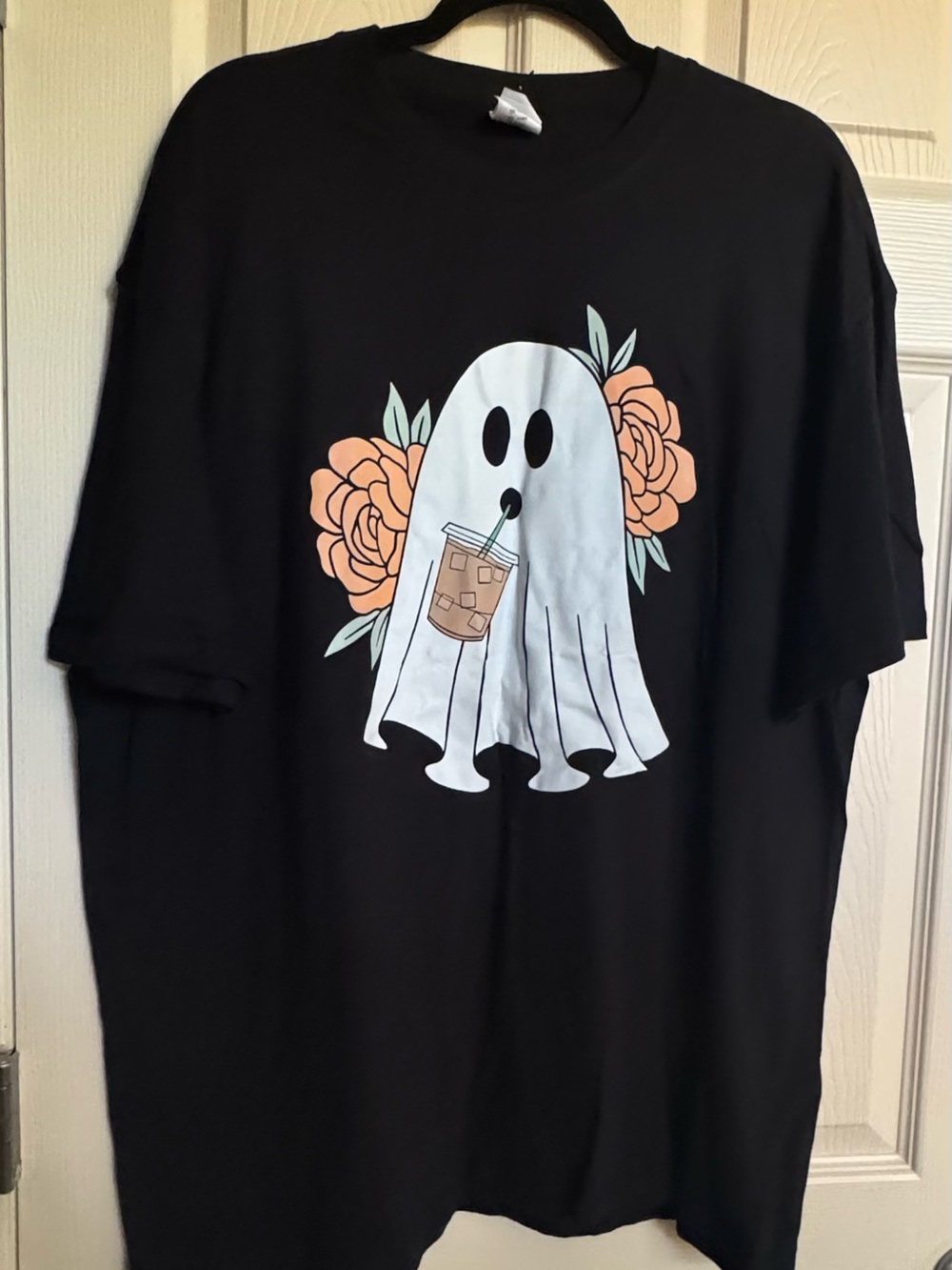NWT Black Cotton Tee with White Ghost Drinking Iced Coffee, Peach Floral Accent